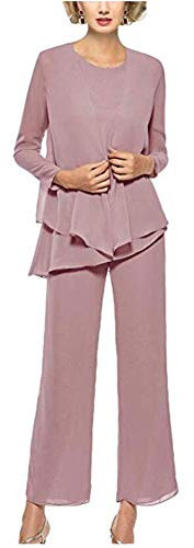 3 pièces en mousseline de soie pour femme, robes de soirée formelles, tenues de mariage à manches longues, vieux rose, 36