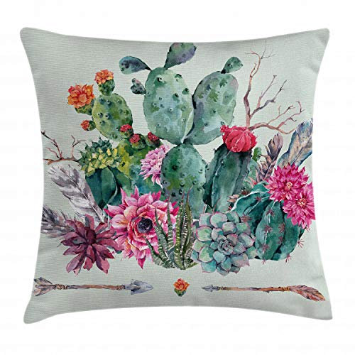 ABAKUHAUS Kaktus Kissenbezug, Dornige Boho-Blüten, mit Reißverschluss Waschbar Beidseitiger Digitaldruck Klare Farben Hochwertige Stoff, 45 x 45 cm, Grün Magenta