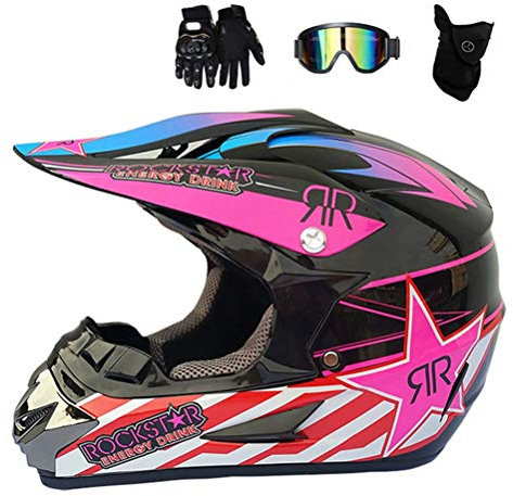 Casque Moto Cross Adulte Casque Motocross Moto Set, Goggle/ Gants/ Masque, Noir et Rose/ Certification Dot, Casque VTT Integral BMX Quad Enduro ATV Scooter pour Femme Homme Enfant,XL