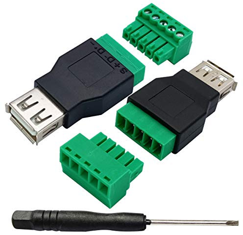 AAOTOKK USB 2.0 A Adapter für Schraubklemmenblock USB 2.0 A Weiblich auf 5polige Weiblich Schraubschutzklemmen Steckbarer Adapteranschluss zum Laden und zur Datenübertragung (2 Stücke/Weiblich)