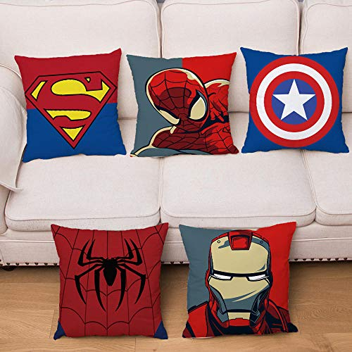 ZHAOCC Kissenbezug Set Von 5 Sätzen Von Leinen Umarmung Kissenbezug Superheld Logo Cartoon Marvel Iron Man Druck Sofa Dekoration 45X45 cm