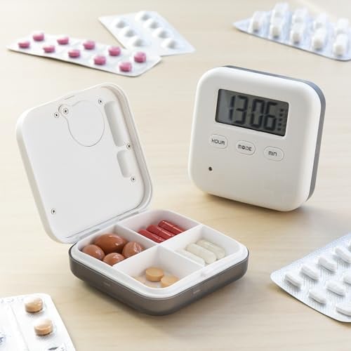 InnovaGoods - Pilulier Électronique Intelligent Pilly, Alarme avec Son et Vibration, 5 Alarmes Journalières, 4 Compartiments, Compact et Portable, Blanc, 6,5 x 2 x 6,5 cm