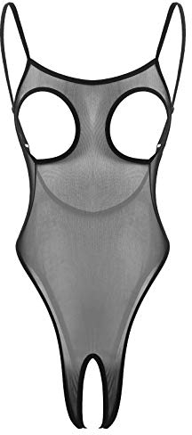 iEFiEL Damen Transparent Mesh Body Ärmellos Bodysuit Öffener Schritt Unterhemd Brustfrei Erotik Lingerie Babydoll Dessous Schwarz Einheitsgröße