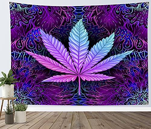 LB Marihuana Tapisserie Unkraut Wandteppich Wandbehang Trippy Cannabis Blatt Tapisserie Bunte Blätter Lila Psychedelic Tapisserie Wandbehang für Schlafzimmer Wohnzimmer College Wohnheim Wohnkultur