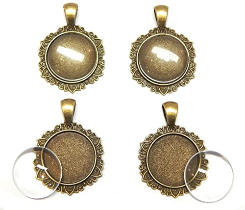 Perlin 4 Set Medaillons Metall Anhänger Fassungen Charm und 20mm Rund Klar Glas Cabochon, Bronze Fassung Rahmen Super Optik Bastelset