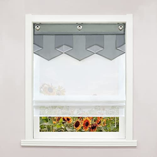 Delien Raffrollo mit Hakenaufhängung ohne Bohren Transparente Ösenrollo Doppelschichtige Raffgardine »Pfeil« Moderne Rollos Wohnzimmer Fenster Gardine 1 St. BxH 120x140cm,Grau