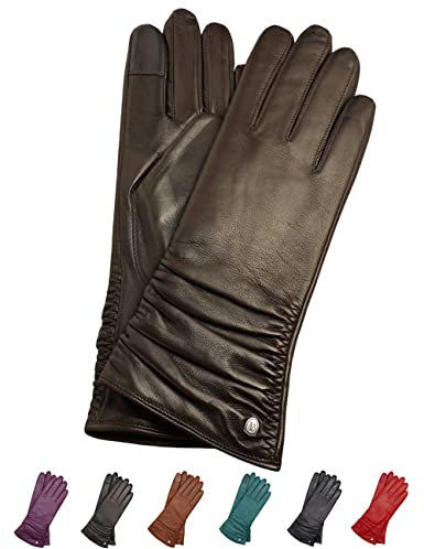 AKAROA ESTD 2019 Lederhandschuhe Damen BEA, Touchscreen Funktion, italienisches Leder, recyceltes Strickfutter aus 50% Kaschmir und 50% Wolle, 4 Größen S - XL, schwarzbraun, S - 7