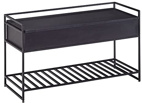 Wohnling Sitzbank mit Stauraum 90x52x38 cm Mango Massivholz/Metall Flurbank Schwarz, Schuhbank mit Sitzfläche Klein, Schmale Garderobenbank mit Schuhregal