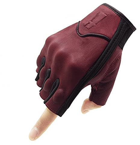 Harssidanzar Guantes de Motocicleta de Cuero de Piel de Cabra sin Dedos para Hombre con Pantalla táctil GM037EU,Rojo/Negro,Talla S