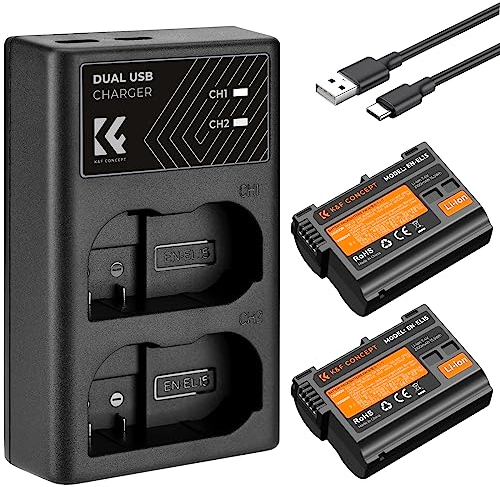 K&F Concept EN-EL15 EN-EL15A Batteria Caricabatteria Kit, Compatibile con Nikon DSLR D7000, D7100, D7200, D7500, D850, D810, D810A, D800E, D750, D610, D600(2 pezzi, 2100mAh)