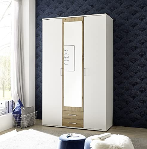 möbelando Kleiderschrank Hanau in Weiß/Artisan Eiche mit 2 Schubladen und 3 Türen. Abmessungen (BxHxT) 120x196x54 cm