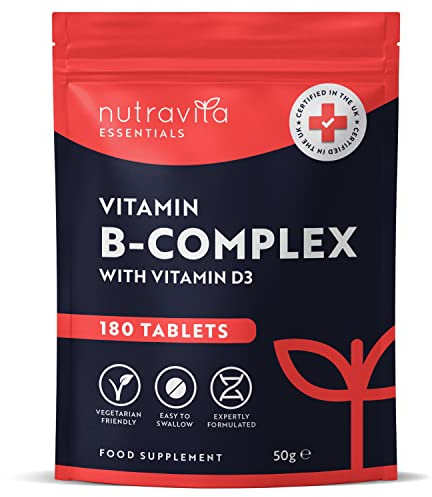 Vitamin B Complex - 180 High Strength Tablets (6 Months Supply) - All 8 B Vitamins B1-B2-B5-B6-B12, Biotin, Folic Acid and Vitamin D3 - Reduction of Tiredness & Fatigue - Made in The UK by Nutravita