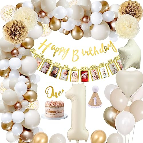 Decoration Anniversaire 1 an Fille Garcon, Anniversaire 1 an Decoration de Fête en Blanc Or Champagne Ballons Anniversaire,1 An Chapeau, Anniversaire Photo Bannière pour 1 an Décorations de Bebe Fête