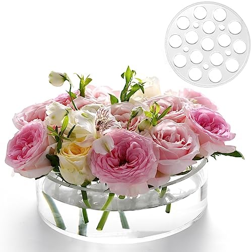 Acryl Blumenvase 20cm Dia. Kreisförmige auslaufsichere klare Acryl niedrige Vase mit 16+5 Löcher - Low-Profile-Zylinder floralen Mittelstück für Tabelle - Klar