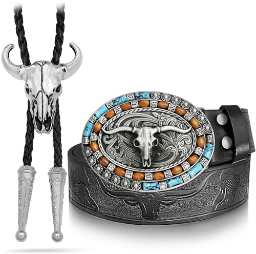 RechicGu Western-Cowboy-Gürtel aus schwarzem Leder mit langen Horn-Bullschnallen, floraler Gravur, Rodeo-Gürtel für Männer und Frauen, Geschenk, Silbernes Totenkopf-Stier-Set, schwarz, Taille