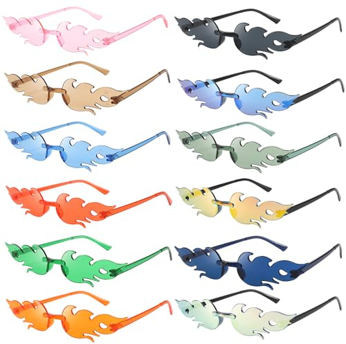 ZEIEYA Flammen Sonnenbrille, 12 Stück Partybrille Flammen Lustige Flammenbrille Randlose Bunte Brillen Flammen, Retro Party Sonnenbrille für Geburtstagsfeier, Fasching, Karneva