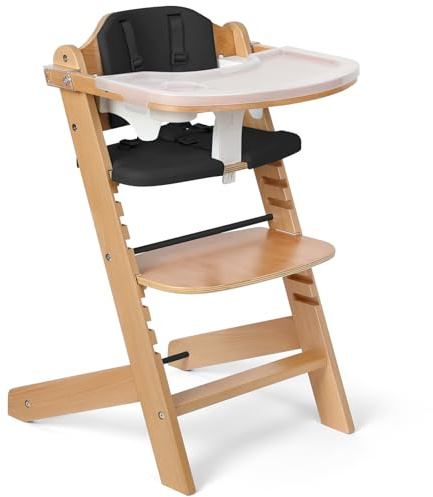 Cowiewie Hochstuhl mitwachsend ab 6 Monaten bis 90kg-Hochstuhl aus Naturholz, 8-fach höhenverstellbar-Mit abnehmbarem Tablett, 2 Tellern & gepolstertem Sitz für Baby, Kleinkind & Erwachsene (Schwarz)