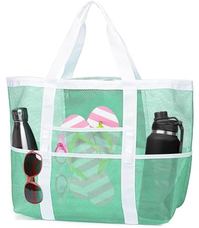 FYting Strandtasche,Schwimmtasche Familie,Badetasche Mesh,Tragbare Reise Kulturtasche mit 8 Taschen, Faltbare Einkaufstasche, für Fitness, Schwimmen, Reisen, Picknick, Baden (Grün)