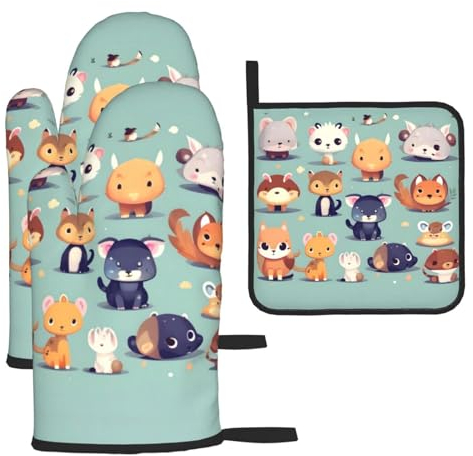Süße kleine Tiere Ofenhandschuhe und Topflappen, Grillhandschuhe und Halter zum Kochen Backen (3-teiliges Set)