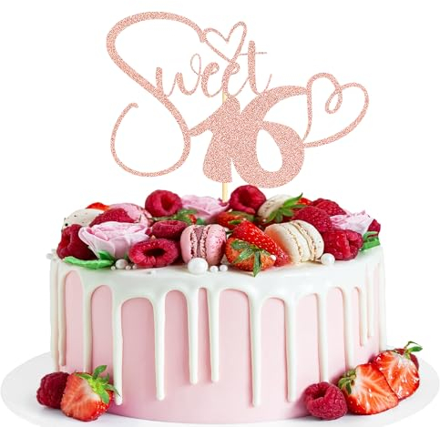 Sotpot 1 pcs Rose Gold Glitter Sweet 16 Cake Topper, Happy 16th Birthday Party Supplies, Sweet Sixteen Theme Party Decorations, Sweet 16 Birthday Cake Party Supplies