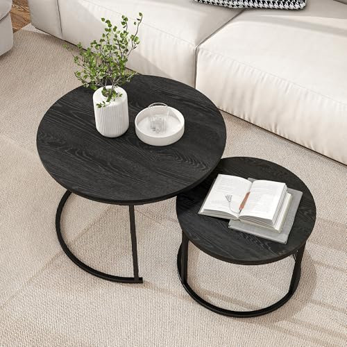 BORPHOM Round Nesting Coffee Table Set of 2 Stacking End Side Table with Metal Legs,Sofa Tea Table for Living Room/Bedroom/Small Space,Easy Assembly (Black, Set of 2)