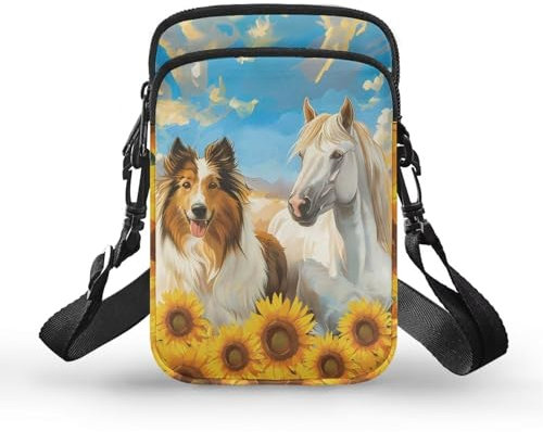 Jndtueit Art Tree Kleine Handy-Umhängetasche für Damen, Umhängetasche, Handtasche, modisch, kleine Kuriertasche, Geldbörse, Handy-Tasche für Reisen, Arbeit, Einkaufen, Pferd Welpe Sonnenblume Himmel