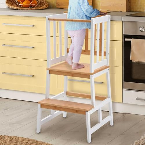 COSYLAND Kitchen Nursery Step Stool for Toddlers - Solid Kids Kitchen Tower for learning Cooking & Doing Dishes - Kids Learning Stool,Made of Natural Solid Bamboo(Natural&White)