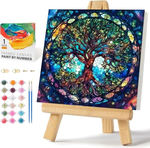 Wenfdrtr Baum Malen Nach Zahlen Erwachsene- Baum Malen Nach Zahlen mit Rahmen, Handgemalt Ölgemälde Kit Kreative Geschenke für Hausdekoration Geschenk(20x20 cm)