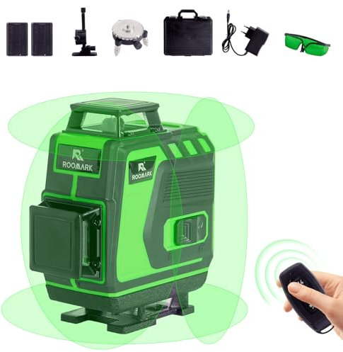 Roomark Livella Laser Autolivellante 4 X 360 °, Verde Livella Laser 16 Linee, Livella Laser Verticale e Orizzontale 4D, Batteria Ricaricabile 2 * 3000 mAh (Nero-Verde)