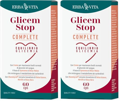 Erba Vita Integratore Alimentare Glicem Stop Complete 60 Capsule in Blister, Aiuto per il Metabolismo dei Carboidrati e il Mantenimento di Livelli normali di Glucosio nel Sangue (Confezione da 2)