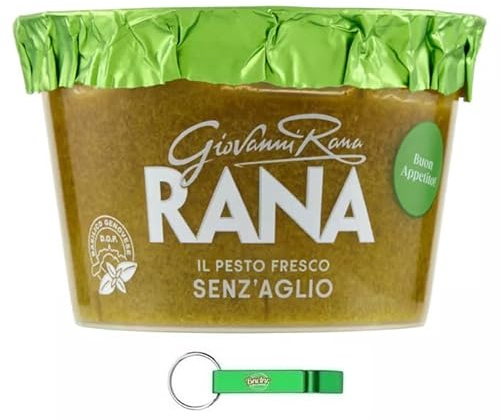 12 x Giovanni Rana Pesto al Basilico Genovese DOP Senza Aglio, salsa di pesto fresco, basilico genovese, senza aglio, 140 g + portachiavi Beni Culinari