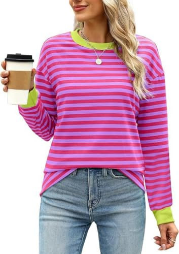 Haibang Donna Felpa a Righe Donna Maglia a Maniche Lunghe Girocollo T-Shirt Y2K Pullover con Orlo a Contrasto Camicie Vintage Casual Tunica Top per Primavera Autunno Inverno
