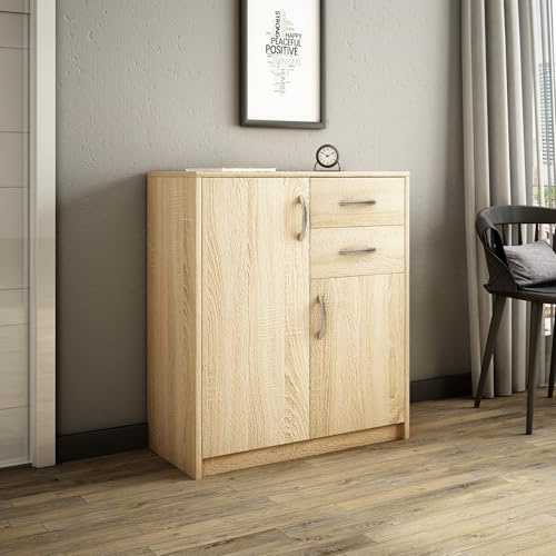 Home Collective Kommode mit 2 Schubladen und 2 Türen in Matter Ausführung Kommode 74cm breit mit hochwertigen Polymergriffen Holz Schrank mit Schubladen Aus laminierter Platte gefertigt Sonoma