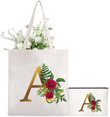 Zuzer Personalizzata Iniziali Borsa Tela Donna,Pieghevole Borsa Shopper Borsa Cosmetica con Lettere e Fiori,Idea Regalo Donna Mamma, Compleanni, Matrimonio