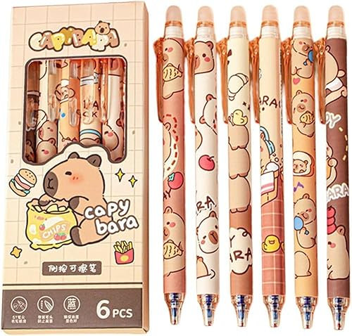 Capybara Radierbarer Kugelschreiber, 6 Stück Capybara Stifte, Tintenroller Radierbar, Cartoon Tier Löschbarer Stift, 0.5MM Radierbarer Tintenroller Studenten Schule Bürobedarf Schulsachen(Blau)