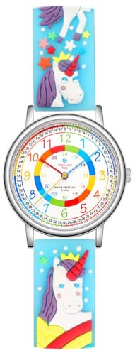 Alienwork Einhorn Lernuhr Kinderuhr Mädchen Uhrzeit Lernen Silber Kautschuk-Armband Türkis Mehrfarbig Kinder-Uhr Wasserdicht 5 ATM Zeit Lernen