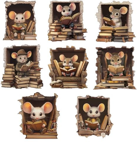 PLIGREAT 8 Stück 3D Maus Loch Wandtattoos, niedliche Lesemaus Wandaufkleber abnehmbare Vinyl Peel and Stick Wandtattoo für Kinderzimmer Kinderzimmer Badezimmer Küche Haus Wand Ecke Dekoration