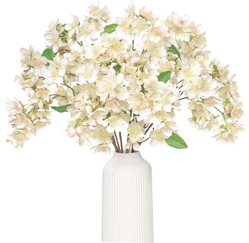 DEMIUKO 6 Stück Künstliche Kirschblütenzweige 54cm Weiß Frühling Blumen Kirschblüten Zweige Seiden Kunstblumen Äste Kirschzweige Dekoblume Branches für Vase Zuhause Zimmer Ostern Deko Sakura