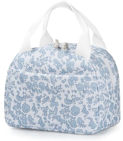 WOPIPAL Lunch Box for Women - Cute Insulated Lunch Bag, Reusable Corduroy Tote with Large Capacity, Perfect for Office, or Travel (Corduroy blue floral)