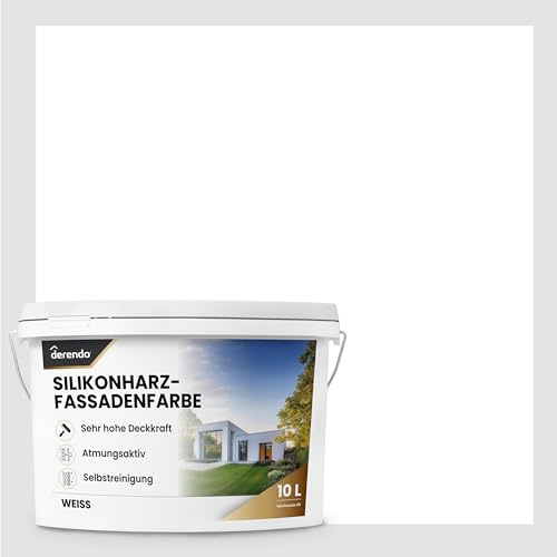 Derendo Fassadenfarbe Weiss Silikonharzfarbe matt aussen 5l | Für Putz Beton, Abperleffekt, wasserabweisend, UV-beständig, hohe Deckkraft, rissfüllend, diffusionsoffen, Made in Germany,