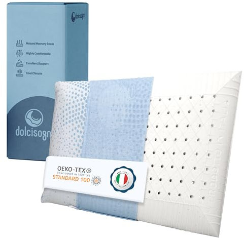 DOLCI SOGNI Oreiller Mémoire de Forme 72x42x12/13 cm – Coussin Mémoire de Forme Lit Adulte avec Housse Lavable Traitée à l’Oxygène – Certifié Oeko-TEX – 100% Fabriqué en Italie