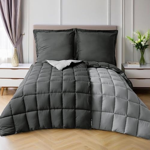 HIG Bettdecken-Set 4-teilig mit 2X Steppdecke 135x200 cm und 2X Kissenbezügen 80x80 cm – Oeko-TEX zertifizierte, kastenförmig genähte Daunenalternative in Grau, mit 1300g Füllung (300 GSM)