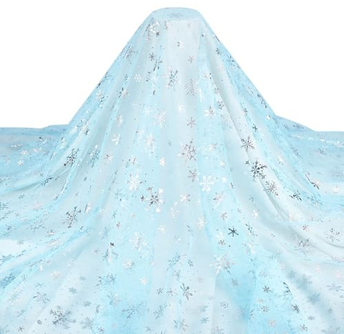 MAYJOYDIY 2M Silberner Schneeflocken Netzstoff 1.5m Winter Schneeflocken Dekostoff Eiskönigin Kostüm Accessoires Für Kleider Möbel Partys Weihnachten Dekorationen, Hellblau