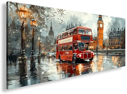 Leinwandbild Der rote Doppeldecker – Nostalgie im Regen von London Panorama 120x60cm XXL Wandbild auf Keilrahmen/Kunstdruck/Bild Wohnzimmer Dekoration