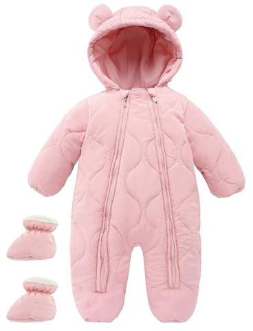 Maeau Combinaison de Neige Bébé Fille Garçon 9-12 Mois Grenouillère Hiver Nouveau Né Barboteuse à Capuche Snowsuit Vêtement de Ski Chaud Combi Pilote Jumpsuit Manteau Polaire Veste en Duvet Body Rose