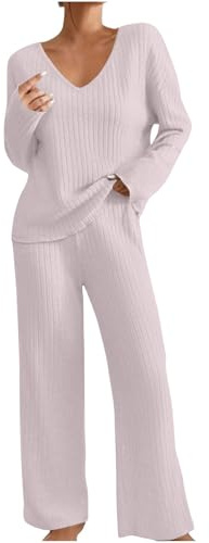 AMhomely Set da notte da donna a costine, 2 pezzi, pigiama per il tempo libero, abbigliamento da casa, scollo a V, maniche lunghe, pantaloni a gamba larga, K09- Viola, S
