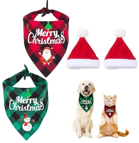 4 Stück Weihnachten Hundehalstuch Weihnachten Hund Bandanas Einstellbare Dreieck Hundehalstuch Weihnachtsmütze für Haustier für Kleine Mittelgroße Große Hunde Katzen (Rot+Grün)