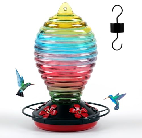 Osmond Glass Hummingbird Feeder Rainbow Hummingbird Feeders for Outdoors Hanging 29 Ounces, Cute Spiral Shape Bottle