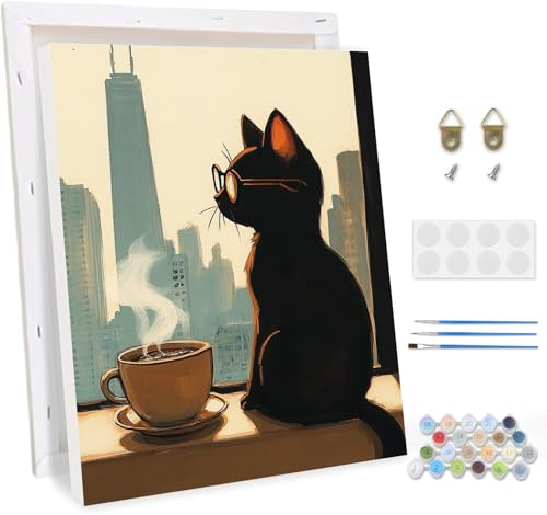 TOSTOG Peinture par Numéros pour Adulte avec Cadre,Fenêtre Chaton DIY Peinture Acrylique pour Adultes Débutants,Château Kit de Peinture à l'huile sur Toile pour Décoration Murale Maison 30x40cm