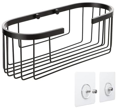 TATAY Étagère Salle de Bain sans Perçage Ovale, Aluminium 100% Inoxydable | TATAY Étagère Douche sans Perçage | Résiste 5 kg | Aluminium 100% Inoxydable | 12 x 11,5 x 30 cm | Finition de Couleur, Noir